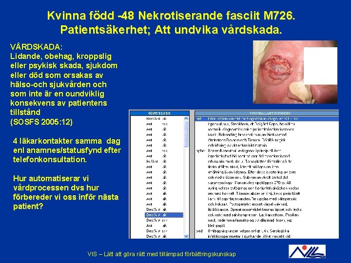 Kvinna född -48 Nekrotiserande fasciit M 726. Patientsäkerhet; Att undvika vårdskada. VÅRDSKADA: Lidande, obehag,