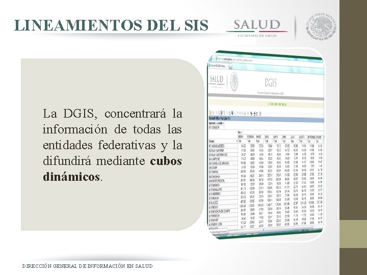 LINEAMIENTOS DEL SIS La DGIS, concentrará la información de todas las entidades federativas y
