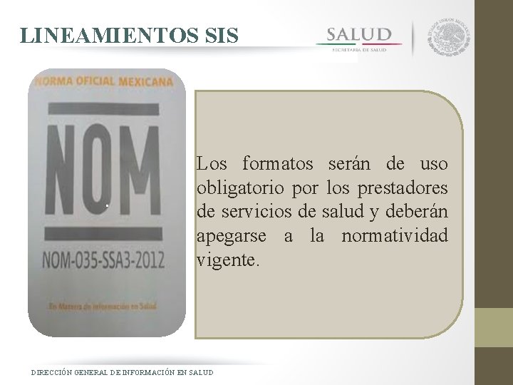 LINEAMIENTOS SIS . Los formatos serán de uso obligatorio por los prestadores de servicios