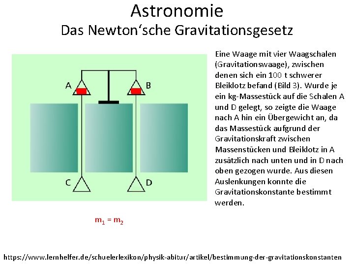 Astronomie Das Newton‘sche Gravitationsgesetz Eine Waage mit vier Waagschalen (Gravitationswaage), zwischen denen sich ein