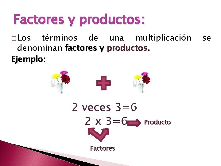 Factores y productos: � Los términos de una multiplicación denominan factores y productos. Ejemplo: