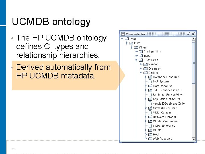 UCMDB ontology • The HP UCMDB ontology defines CI types and relationship hierarchies. •