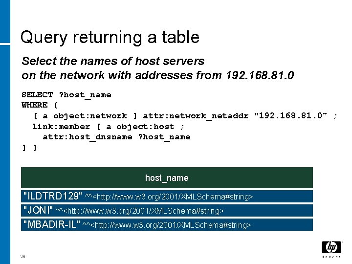 Query returning a table Select the names of host servers on the network with