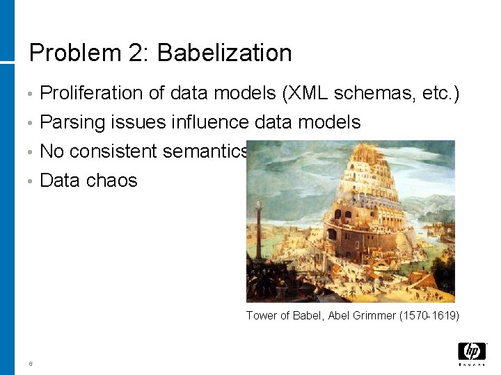 Problem 2: Babelization • Proliferation of data models (XML schemas, etc. ) • Parsing