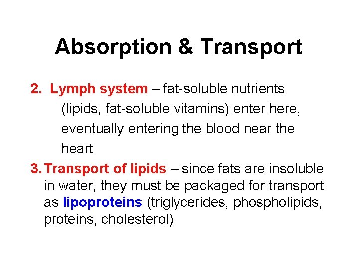 Absorption & Transport 2. Lymph system – fat-soluble nutrients (lipids, fat-soluble vitamins) enter here,