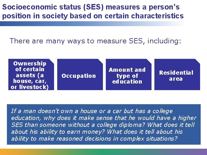 Socioeconomic status (SES) measures a person’s position in society based on certain characteristics There
