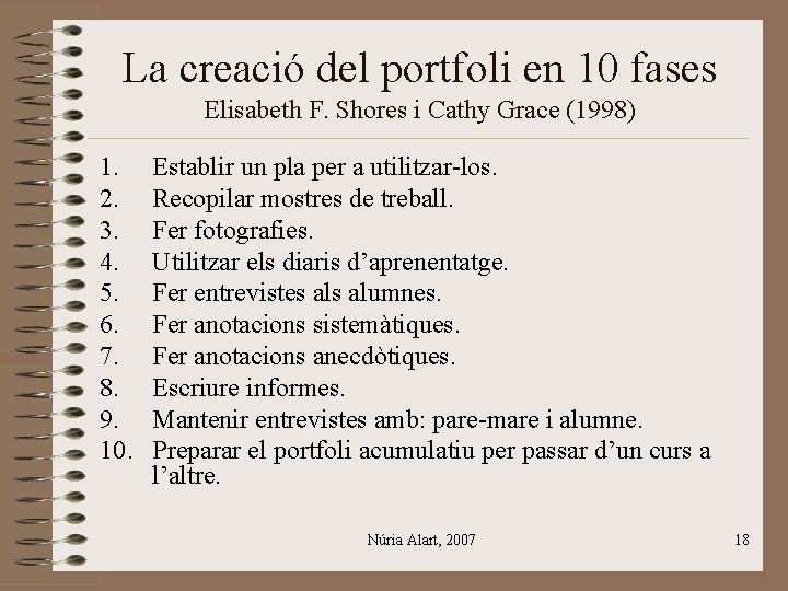 La creació del portfoli en 10 fases Elisabeth F. Shores i Cathy Grace (1998)