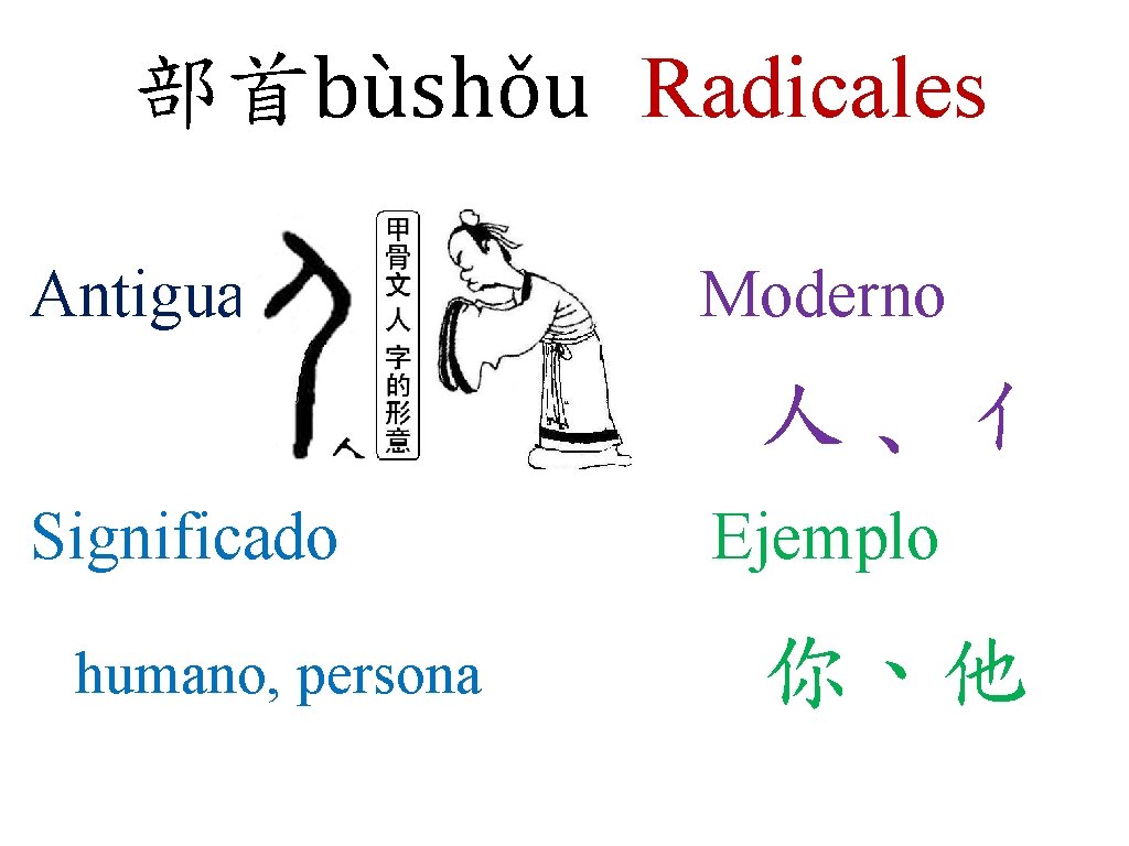 部首bùshǒu Radicales Antigua Moderno 人 ､亻 Significado humano, persona Ejemplo 你、他 