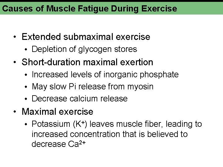 Causes of Muscle Fatigue During Exercise • Extended submaximal exercise • Depletion of glycogen