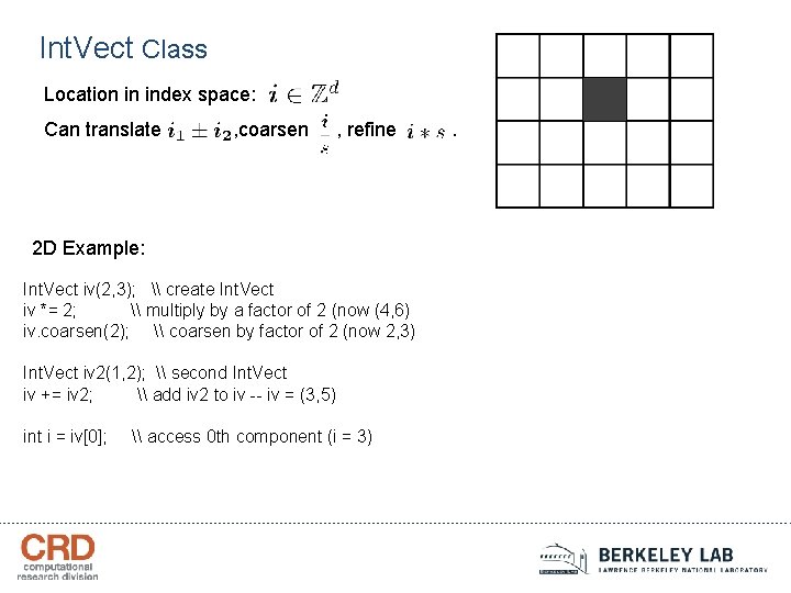 Int. Vect Class Location in index space: Can translate , coarsen , refine 2