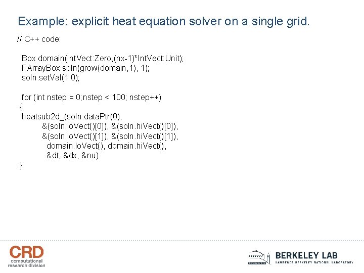 Example: explicit heat equation solver on a single grid. // C++ code: Box domain(Int.