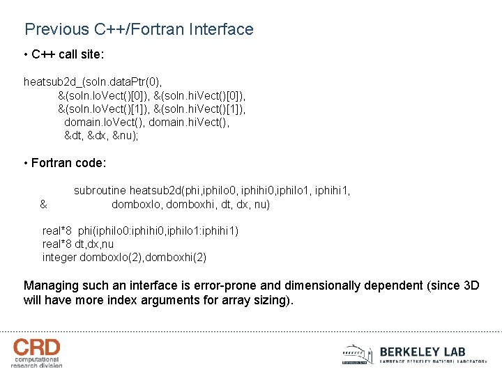 Previous C++/Fortran Interface • C++ call site: heatsub 2 d_(soln. data. Ptr(0), &(soln. lo.