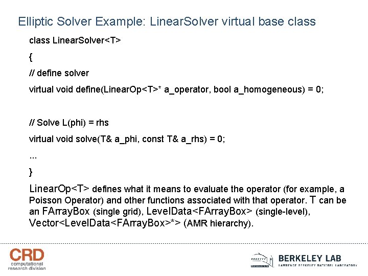 Elliptic Solver Example: Linear. Solver virtual base class Linear. Solver<T> { // define solver