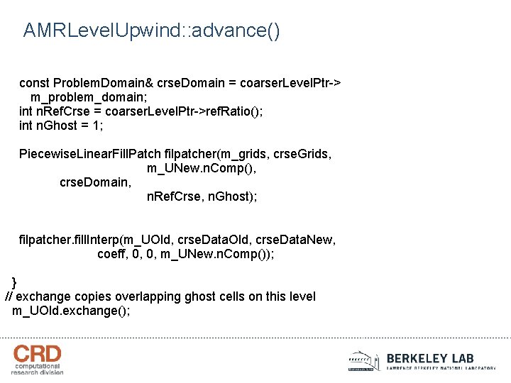 AMRLevel. Upwind: : advance() const Problem. Domain& crse. Domain = coarser. Level. Ptr-> m_problem_domain;