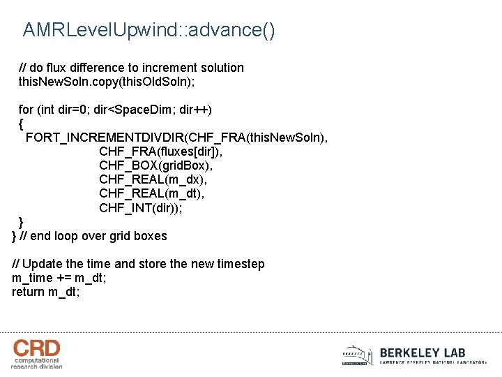 AMRLevel. Upwind: : advance() // do flux difference to increment solution this. New. Soln.