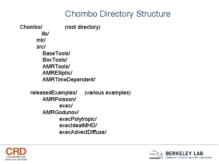 Chombo Directory Structure Chombo/ (root directory) lib/ mk/ src/ Base. Tools/ Box. Tools/ AMRElliptic/