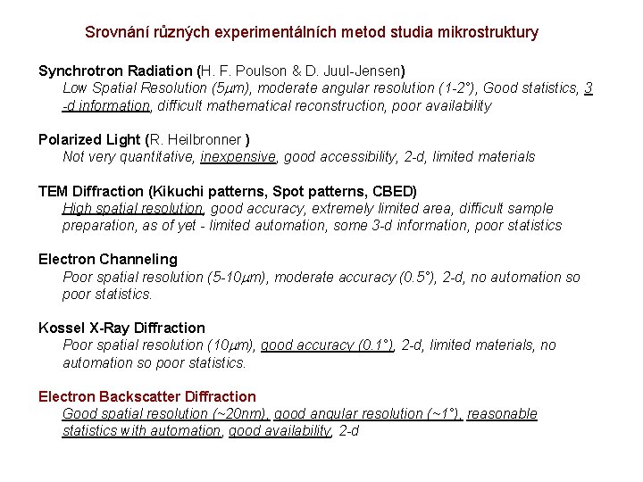 Srovnání různých experimentálních metod studia mikrostruktury Synchrotron Radiation (H. F. Poulson & D. Juul-Jensen)