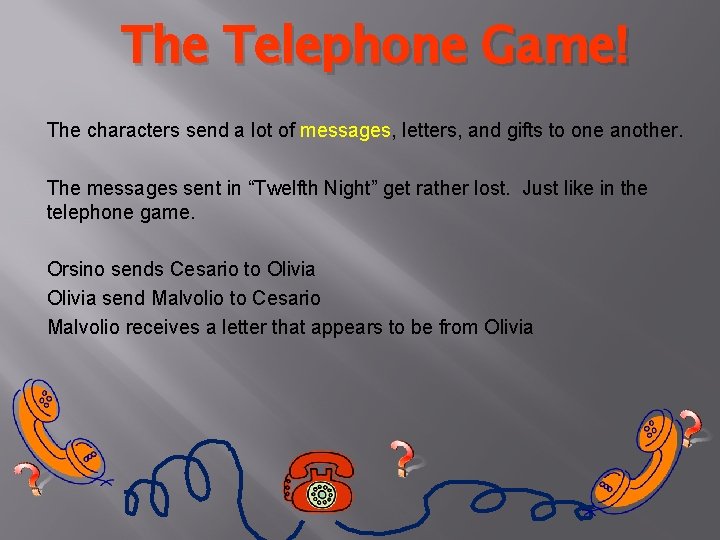 The Telephone Game! The characters send a lot of messages, letters, and gifts to