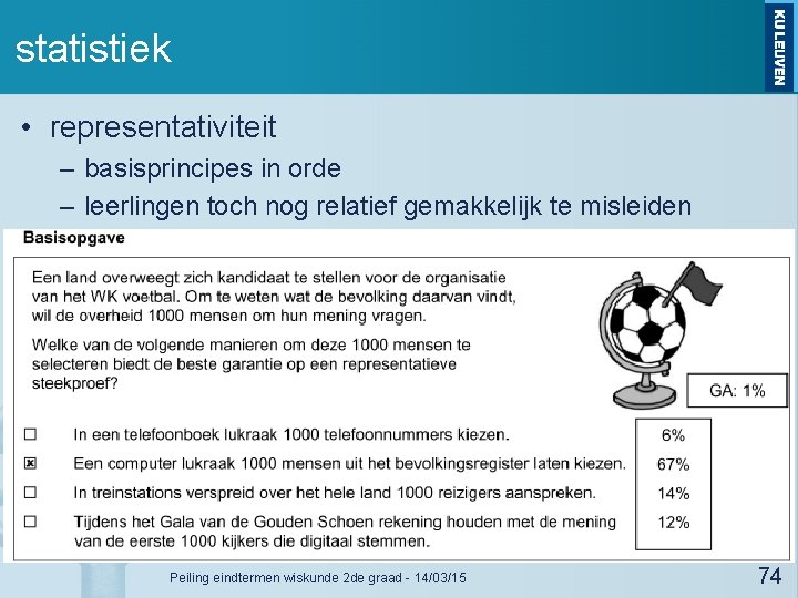 statistiek • representativiteit – basisprincipes in orde – leerlingen toch nog relatief gemakkelijk te