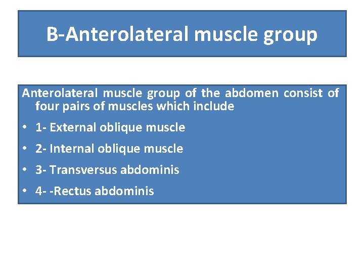 B-Anterolateral muscle group of the abdomen consist of four pairs of muscles which include
