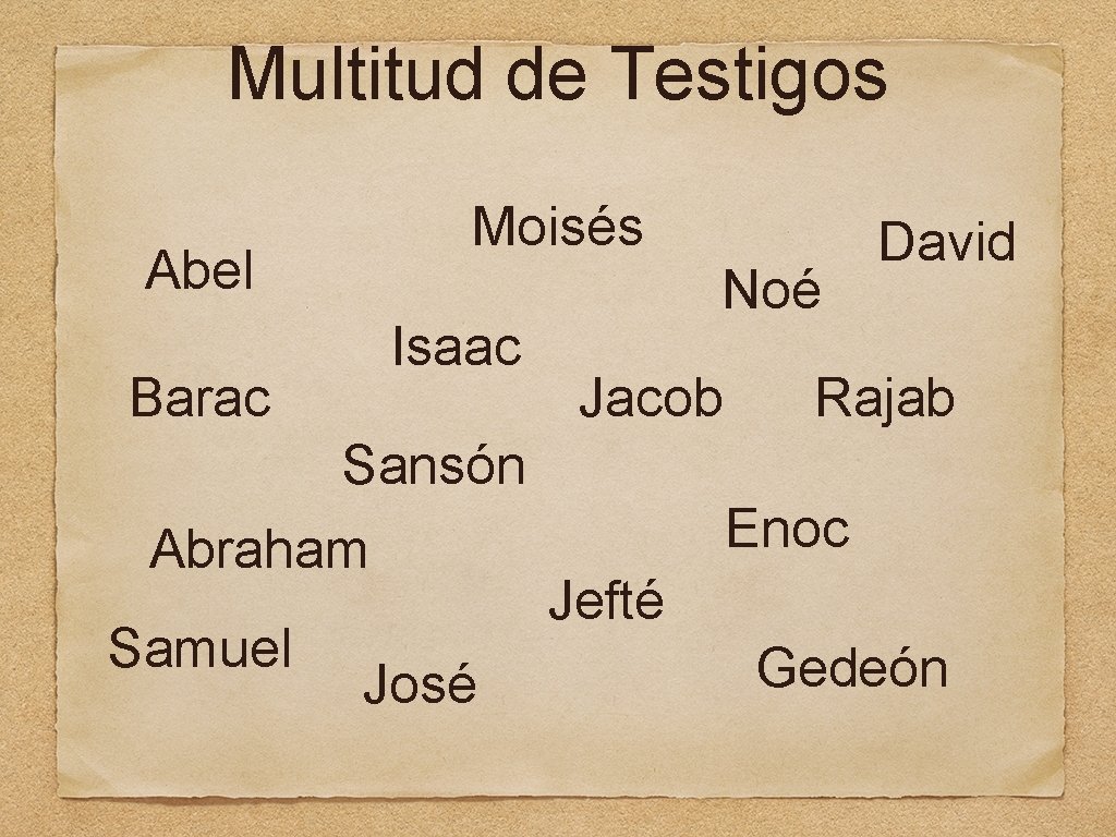 Multitud de Testigos Moisés Abel Isaac Barac Noé Jacob David Rajab Sansón Abraham Samuel