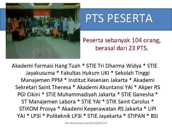 PTS PESERTA Peserta sebanyak 104 orang, berasal dari 23 PTS. Akademi Farmasi Hang Tuah