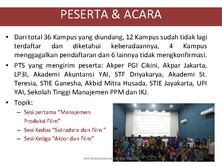 PESERTA & ACARA • Dari total 36 Kampus yang diundang, 12 Kampus sudah tidak