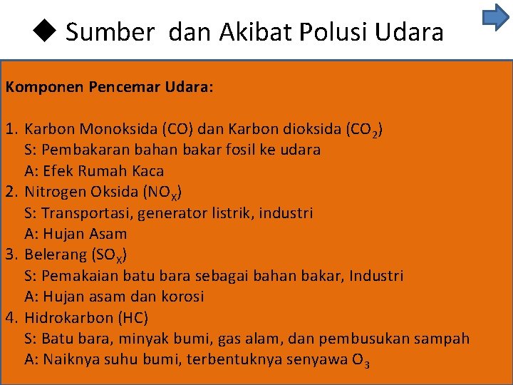 u Sumber dan Akibat Polusi Udara Komponen Pencemar Udara: 1. Karbon Monoksida (CO) dan