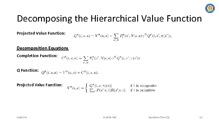 Decomposing the Hierarchical Value Function Projected Value Function: Decomposition Equations Completion Function: Q Function: