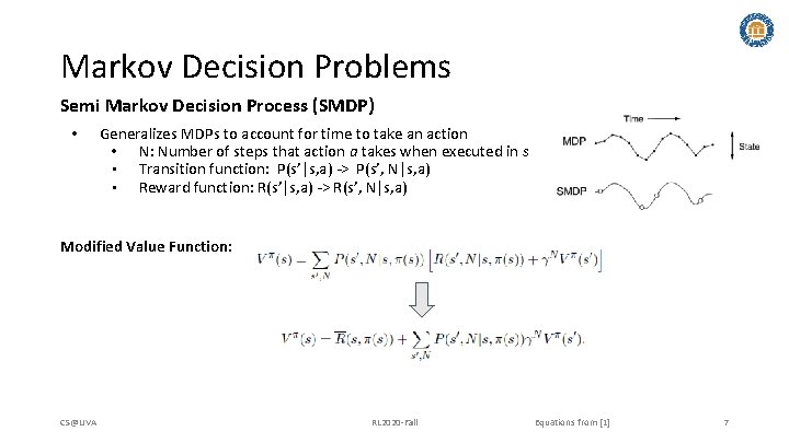 Markov Decision Problems Semi Markov Decision Process (SMDP) • Generalizes MDPs to account for