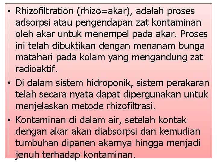  • Rhizofiltration (rhizo=akar), adalah proses adsorpsi atau pengendapan zat kontaminan oleh akar untuk