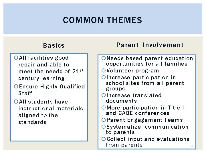 COMMON THEMES Basics All facilities good repair and able to meet the needs of