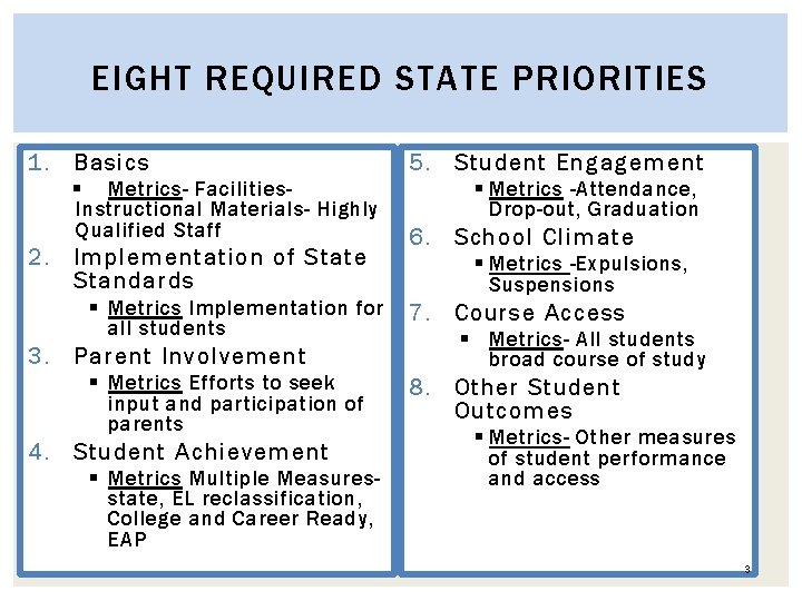 EIGHT REQUIRED STATE PRIORITIES 1. Basics § Metrics- Facilities. Instructional Materials- Highly Qualified Staff