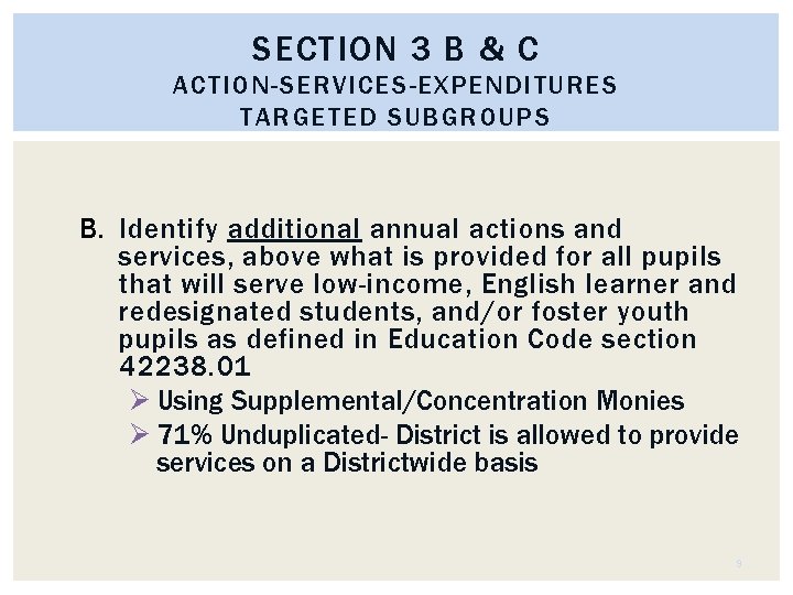 SECTION 3 B & C ACTION-SERVICES-EXPENDITURES TARGETED SUBGROUPS B. Identify additional annual actions and