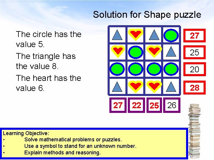 Solution for Shape puzzle The circle has the value 5. The triangle has the