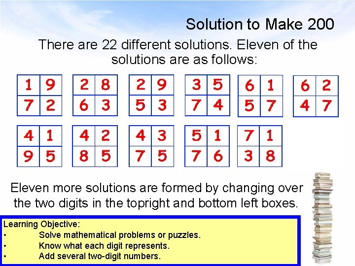 Solution to Make 200 There are 22 different solutions. Eleven of the solutions are