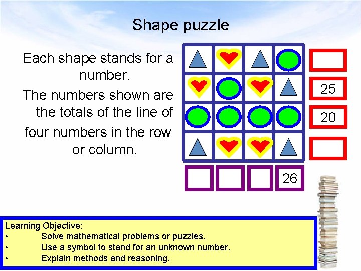 Shape puzzle Each shape stands for a number. The numbers shown are the totals