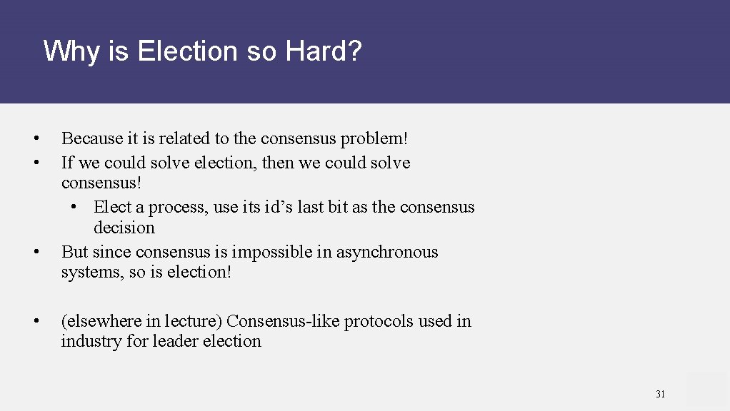Why is Election so Hard? • • Because it is related to the consensus