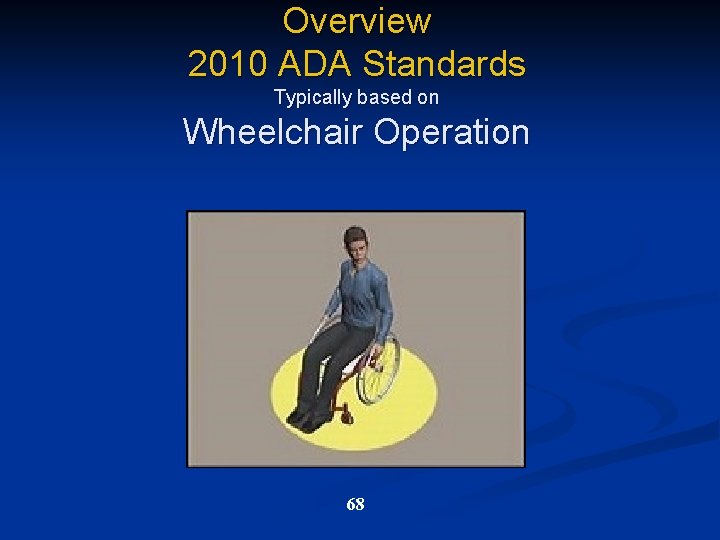 Overview 2010 ADA Standards Typically based on Wheelchair Operation 68 