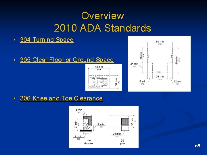 Overview 2010 ADA Standards • 304 Turning Space • 305 Clear Floor or Ground