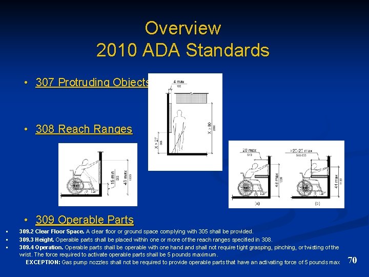 Overview 2010 ADA Standards • 307 Protruding Objects • 308 Reach Ranges • 309
