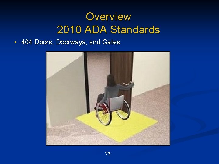 Overview 2010 ADA Standards • 404 Doors, Doorways, and Gates 72 