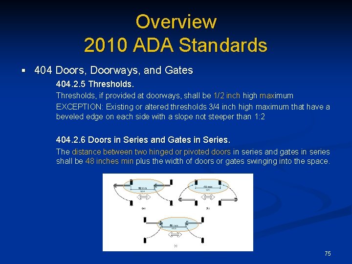 Overview 2010 ADA Standards § 404 Doors, Doorways, and Gates 404. 2. 5 Thresholds,