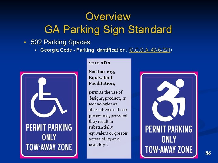 Overview GA Parking Sign Standard • 502 Parking Spaces § Georgia Code - Parking