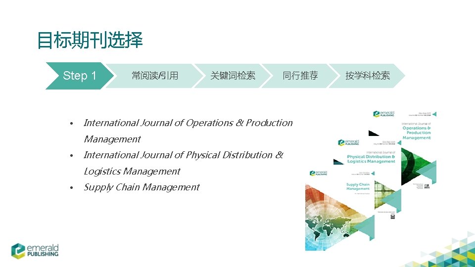 目标期刊选择 Step 1 • 常阅读/引用 关键词检索 International Journal of Operations & Production Management •