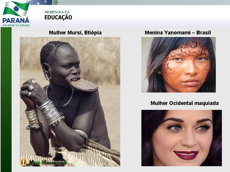 Mulher Mursi, Etiópia Menina Yanomami – Brasil Mulher Ocidental maquiada 