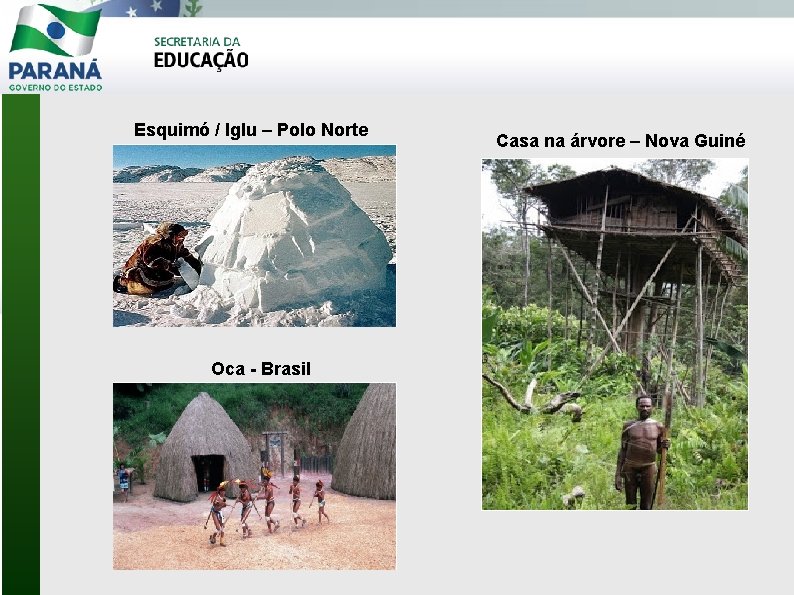 Esquimó / Iglu – Polo Norte Oca - Brasil Casa na árvore – Nova