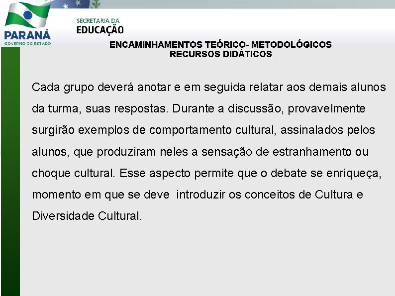 ENCAMINHAMENTOS TEÓRICO- METODOLÓGICOS RECURSOS DIDÁTICOS Cada grupo deverá anotar e em seguida relatar aos