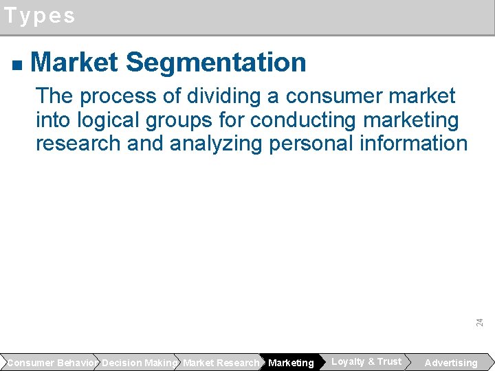 Types n Market Segmentation 24 The process of dividing a consumer market into logical