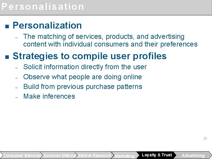 Personalisation n Personalization ‒ n The matching of services, products, and advertising content with